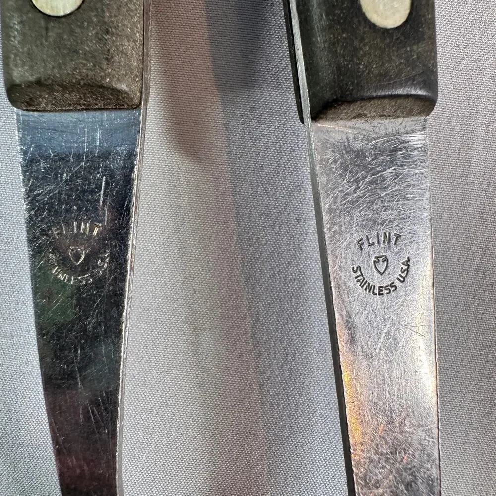 Vintage Flint Japan Stainless Steel Serving Spoon Fork Set Wood Handle MCM
